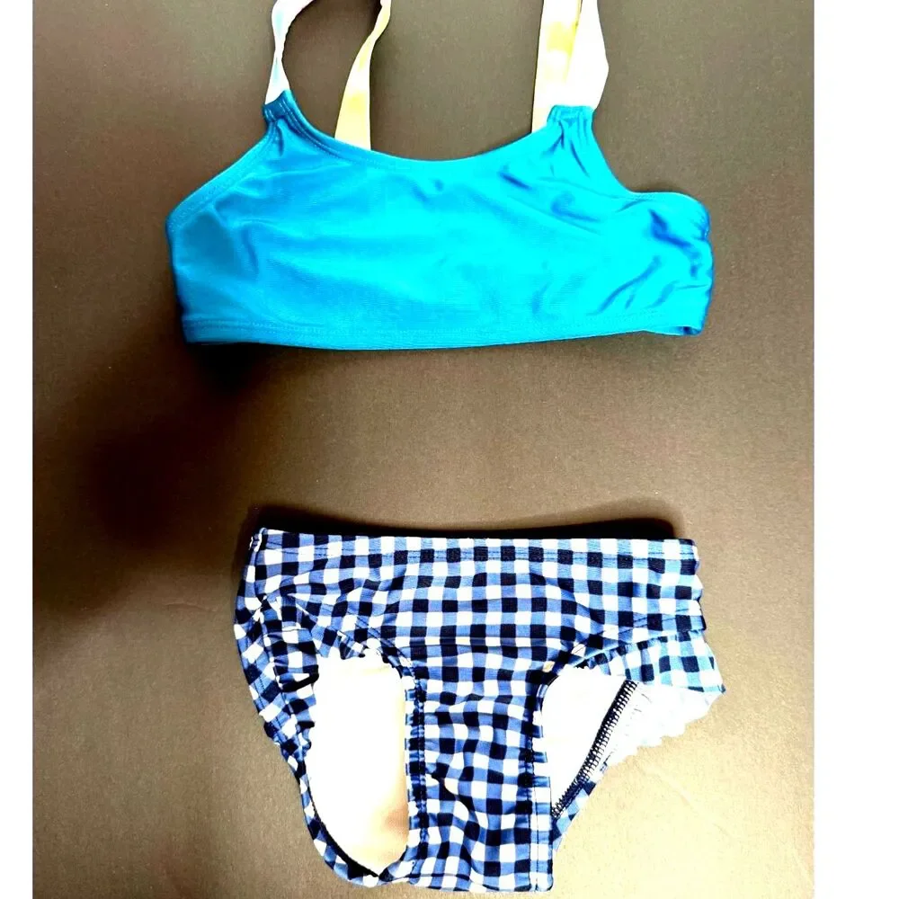 Cat & Jack 18M Baby Girl Blue Gingham 2 Piece Swimsuit Ruffle Bikini Set EUC